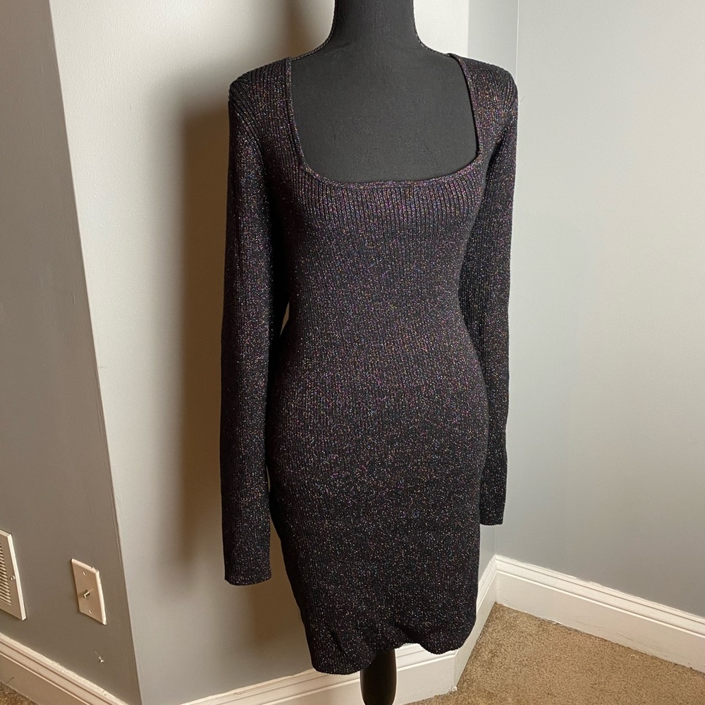 Express Black long sleeve square neck sequin sweater dress